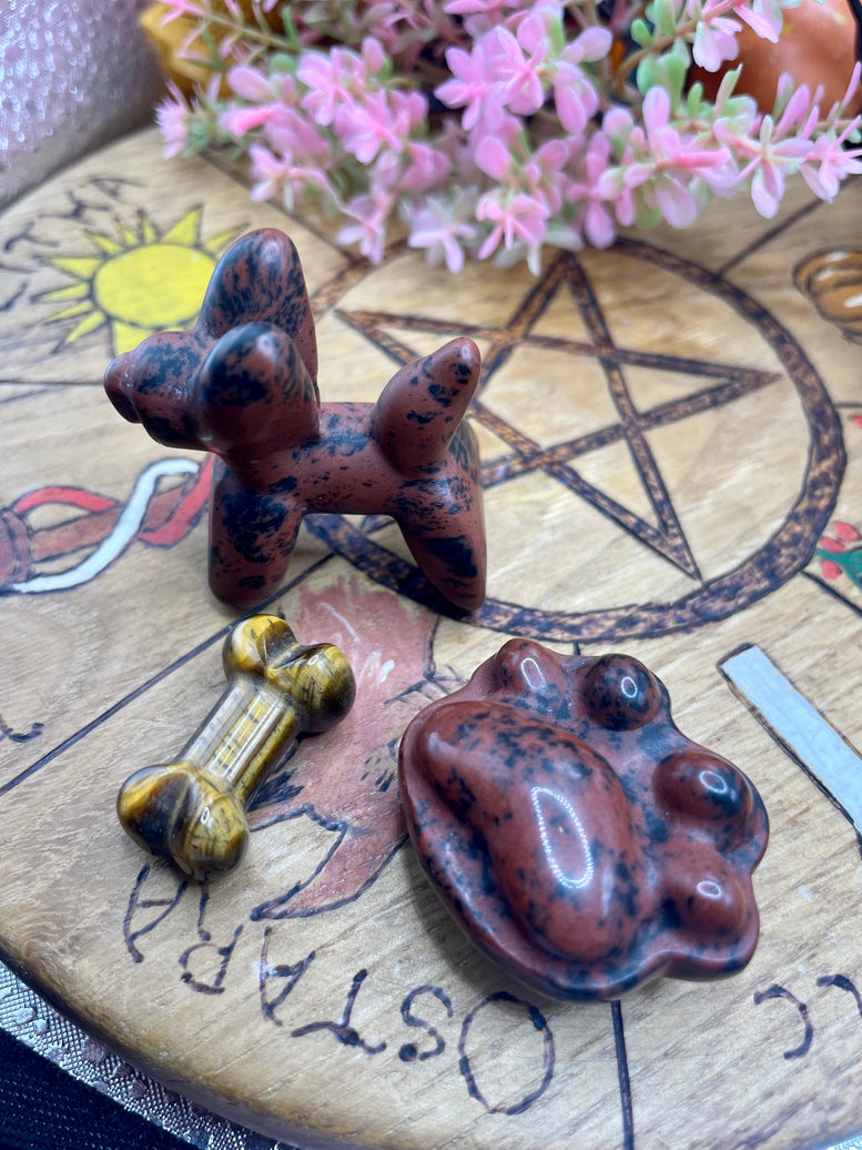 Natural Crystals Dog Bundle | Mahogony Obsidian | Tigers Eye | Dog bone | Paw | mini carvings | decoration | crystal bundle | gift | decor