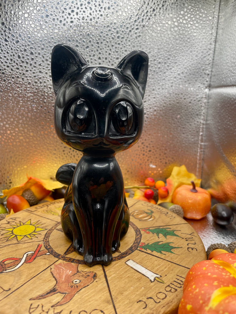 Luna Moon Cat Natural Black Obsidian Crystal Carving | Black Cat | Kitty | Witchcraft | Wiccan | Pagan | Reiki | Chakra | 14.5cm | Ornament