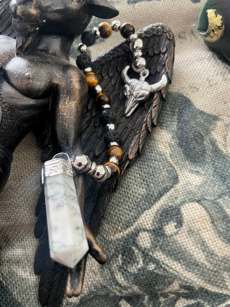 The Horned God Unique Pendulum | Cernunnos | Baphomet | Divination | Witchcraft | Wiccan | Pagan | Gift | Moss Agate | Tigers Eye | Occult