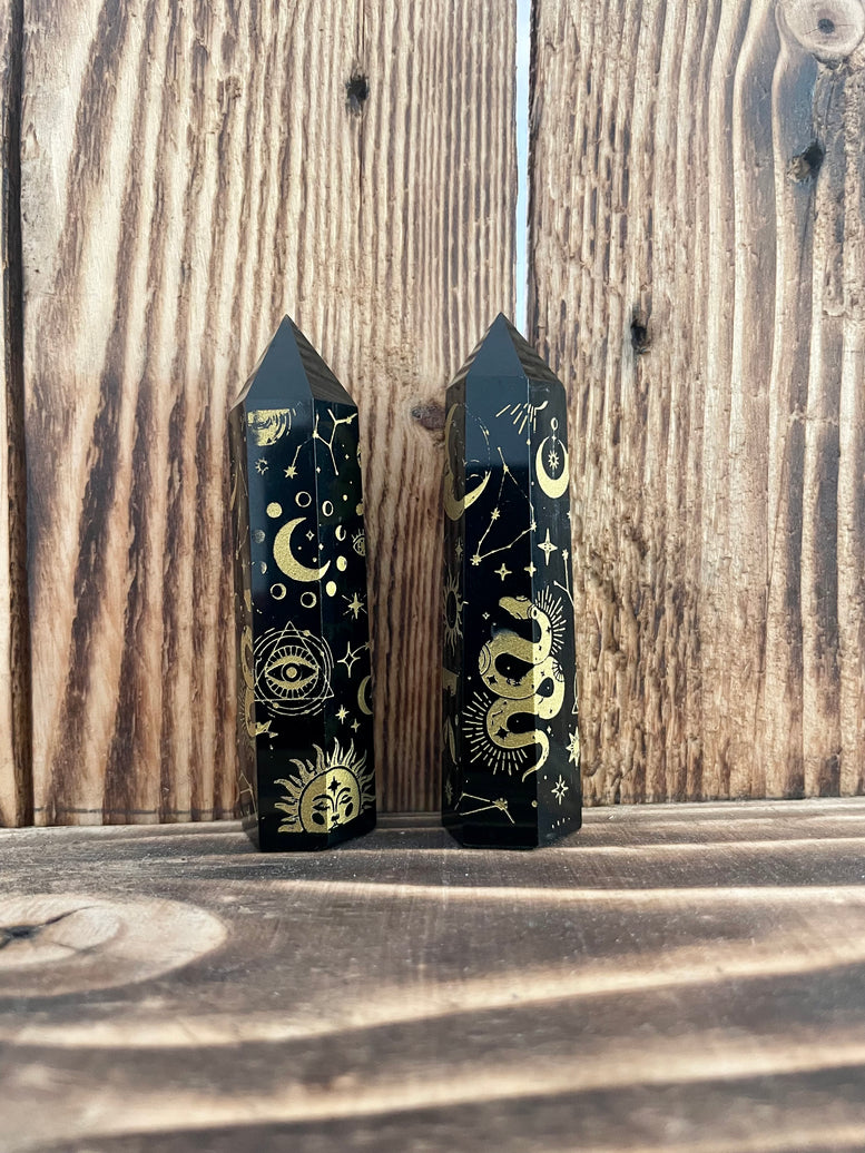 Black obsidian laser engraved crystal points/towers | celestial | moons | carvings | witchcraft | Wicca | pagan | goth | sun | decor | gift