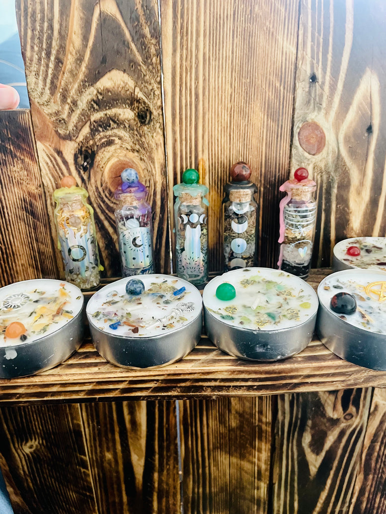 Witches Spell Bottle and Spell Candle Gift Set | Love | Intuition | Protection | Wealth | Joy | Wiccan | Pagan | Witchcraft | Spell candles