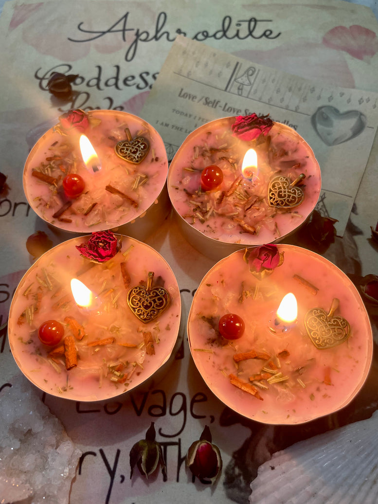 Aphrodites Love/Self Love Spell Tea Light Candles | Goddess | Healing | Spell Candles | Deity | Wiccan | Pagan | Altar | Gift | Crystals