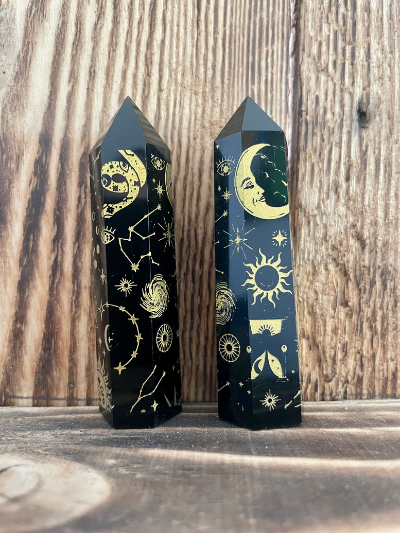 Black obsidian laser engraved crystal points/towers | celestial | moons | carvings | witchcraft | Wicca | pagan | goth | sun | decor | gift