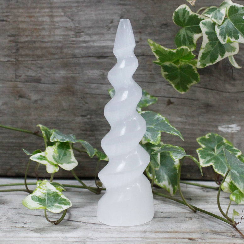 Selenite Spiral Unicorn Horn Tower - 10 cm