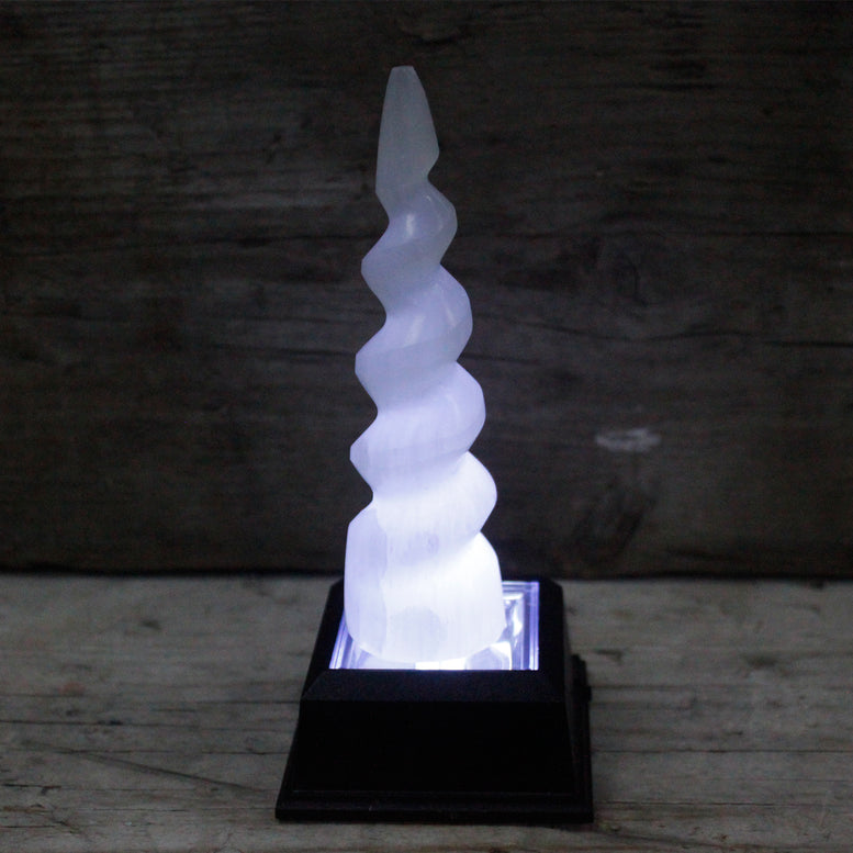 Selenite Spiral Unicorn Horn Tower - 10 cm