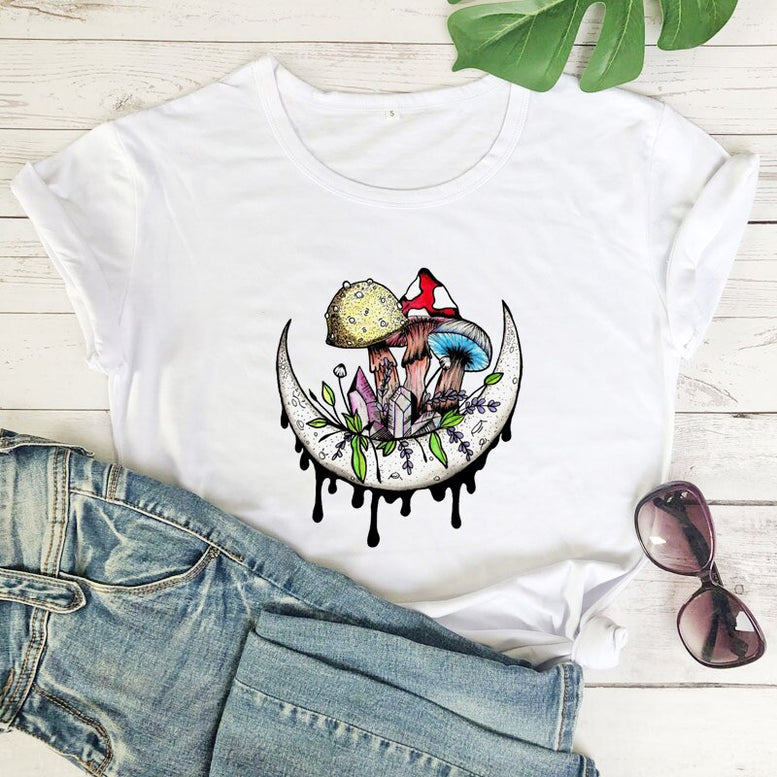 Mushrooms And Crystals On Moon Colored T-shirt