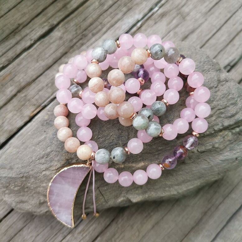 8mm Natural Crystal Beads,Labradorite,Rose Quartz,Moon,JapaMala Mala Beads