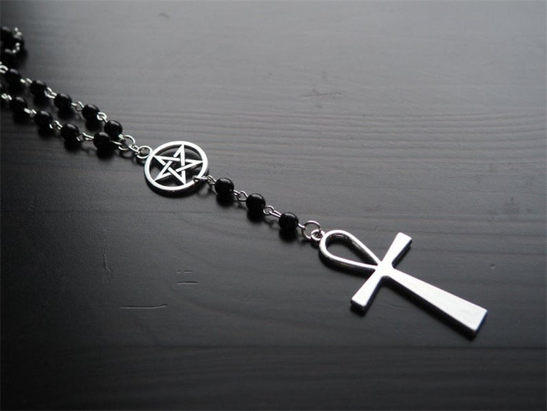Ankh and Pentagram Rosary Necklace , Wicca, Pagan Rosary Black Beads Charm