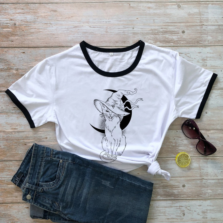 Celestial Moon Cat Witch T-shirt