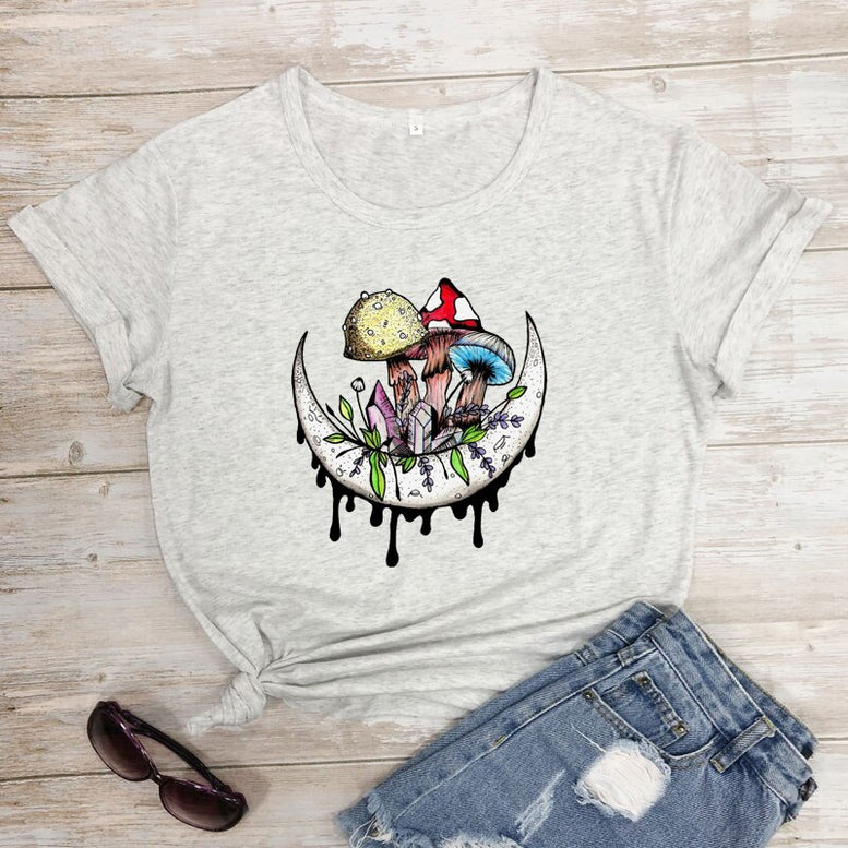 Mushrooms And Crystals On Moon Colored T-shirt