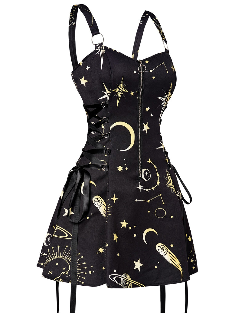 Celestial Sun Moon Print Lace Up Mini Dress
