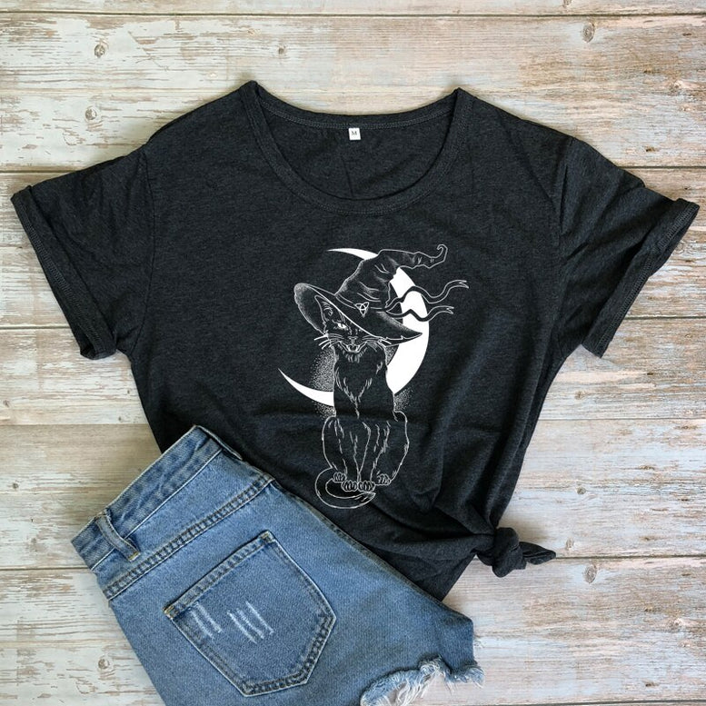 Celestial Moon Cat Witch T-shirt