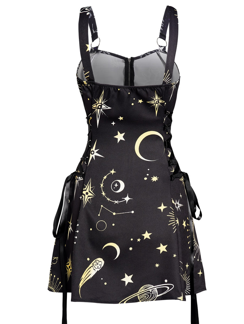 Celestial Sun Moon Print Lace Up Mini Dress