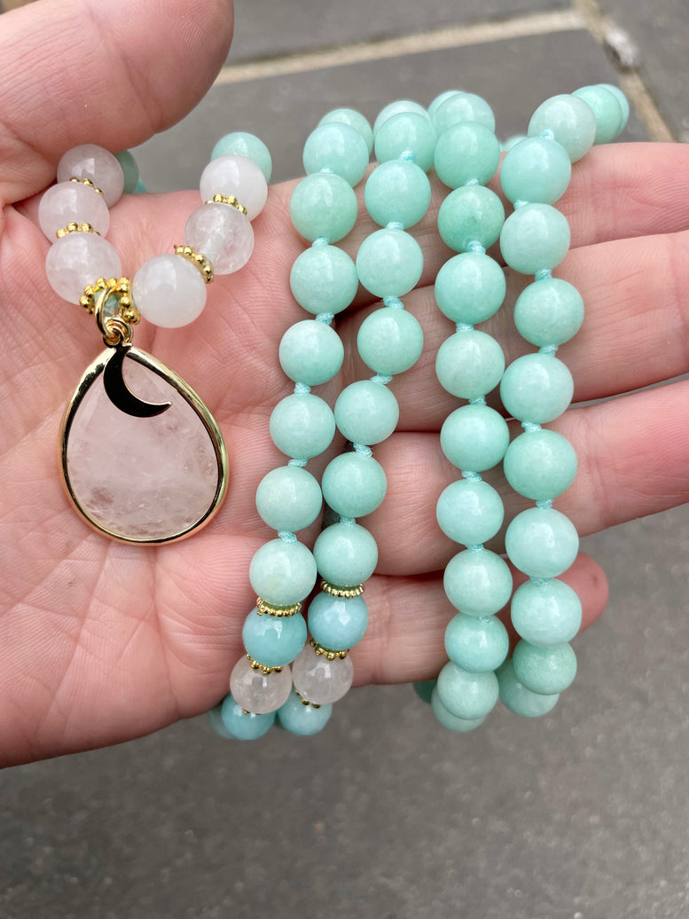 Lunar Resonance Moon Goddess Amazonite & Moonstone Necklace 108 Mala Beads | Prayer Beads | Meditation | Worry Beads | Rosaries | Crystal