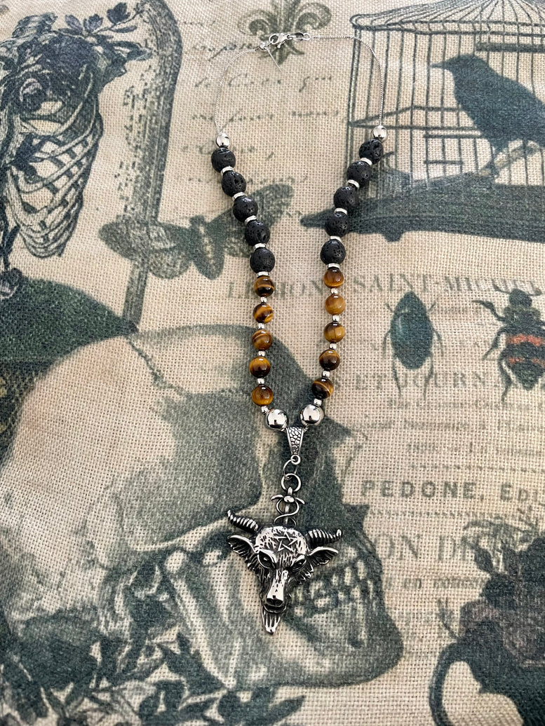 Unique Horned God Crystal Necklace | Tigers Eye | Lava Beads | Charms | Jewellery | Witchcraft | Wiccan | Pagan | Baphomet | Occult | Gift