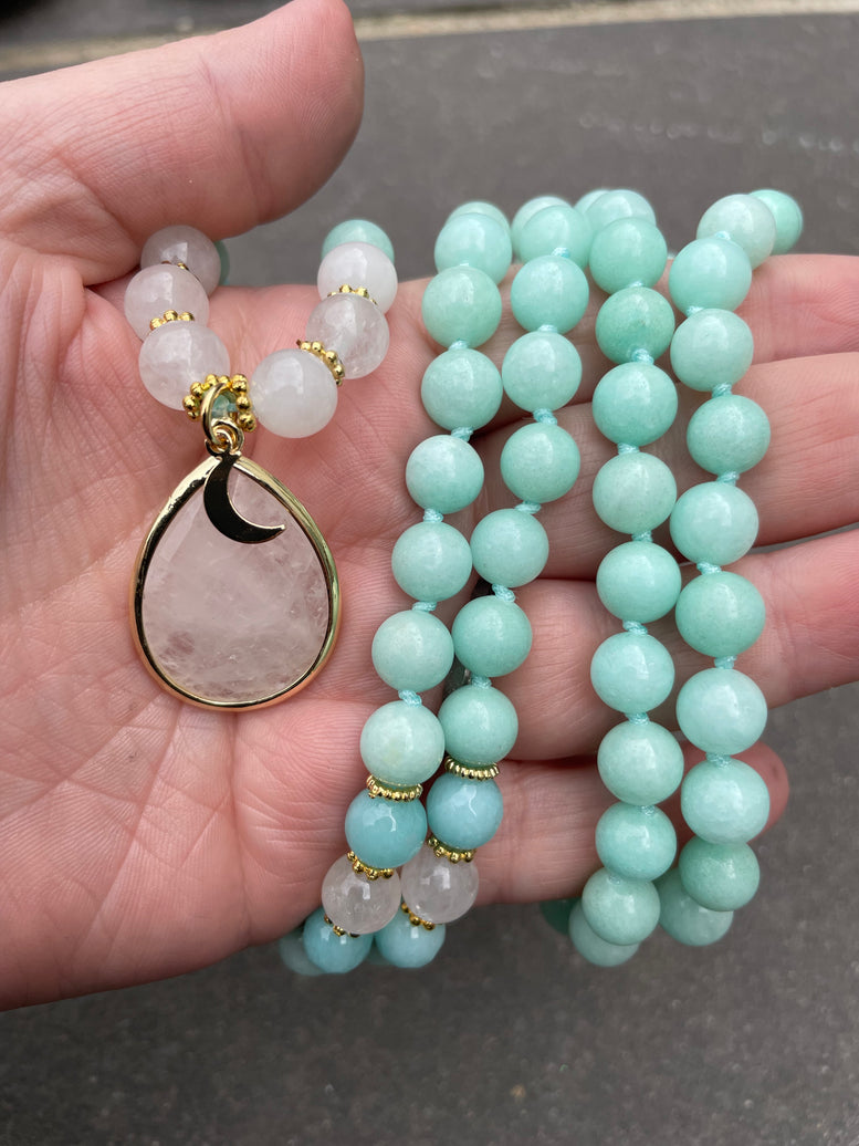 Lunar Resonance Moon Goddess Amazonite & Moonstone Necklace 108 Mala Beads | Prayer Beads | Meditation | Worry Beads | Rosaries | Crystal