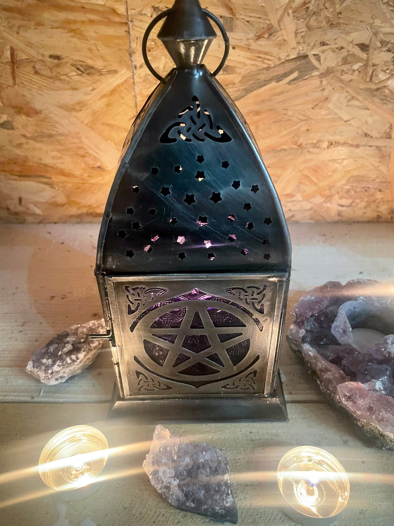 Pentagram Lantern Candle Holder | Zinc | Antique | Glass | Witchcraft | Wiccan | Pagan | Ritual | Candle | Candle Holder | Ornament | gift