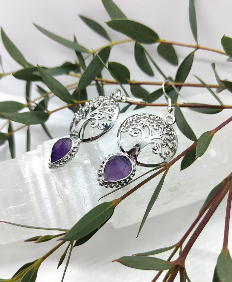 Natural Amethyst and Tigers Eye Tree of Life Teardrop Dangle Earrings | Witchcraft | Wiccan | Pagan | Jewellery | Gift | Boho | Jewelry