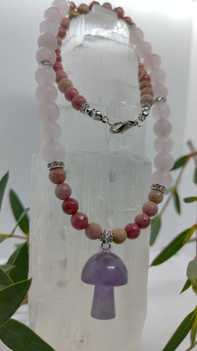 Unique Handmade Frosted Rose Quartz, Rhodonite & Amethyst Mushroom Charm Necklace | Wiccan | Pagan | Crystal Healing | Chakra | Reiki | Gift