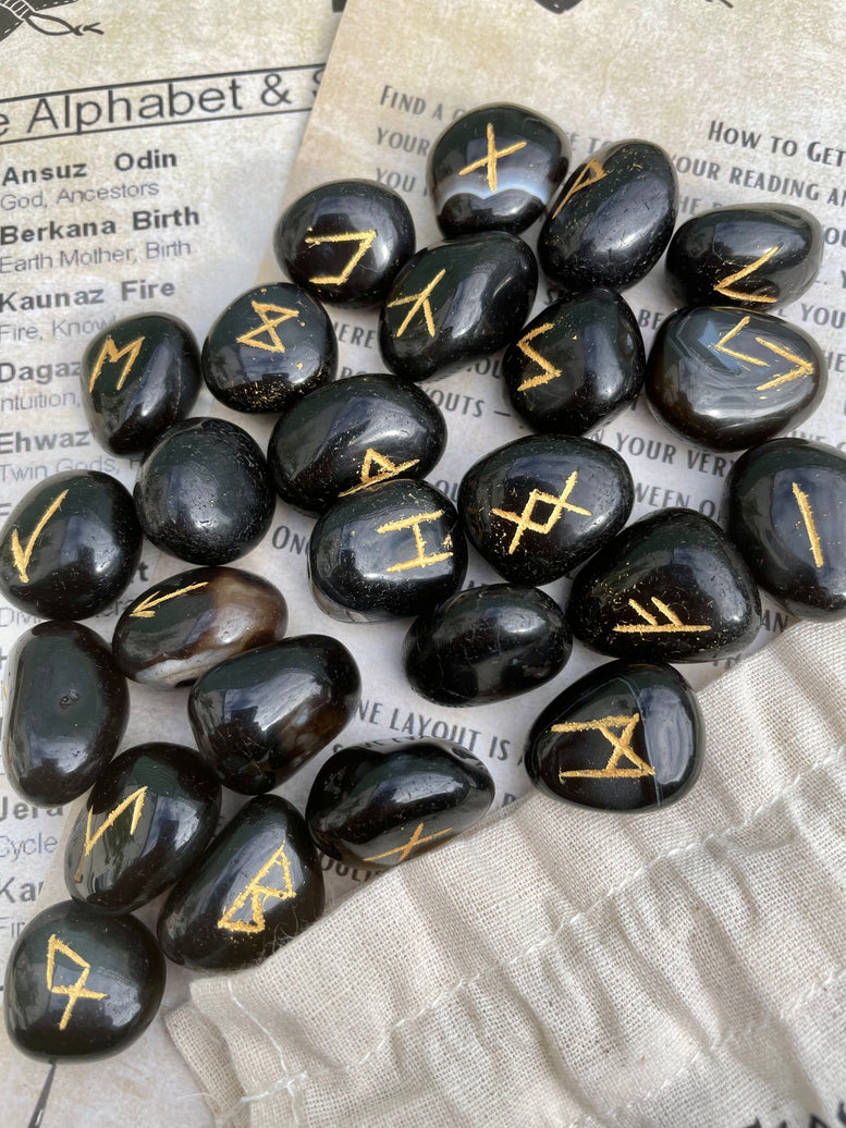 Natural Black Agate Runes Stones Set | Viking | Elder Futhark | Divination | Spiritual Healing | Crystals | Stones | Pagan | Witchcraft