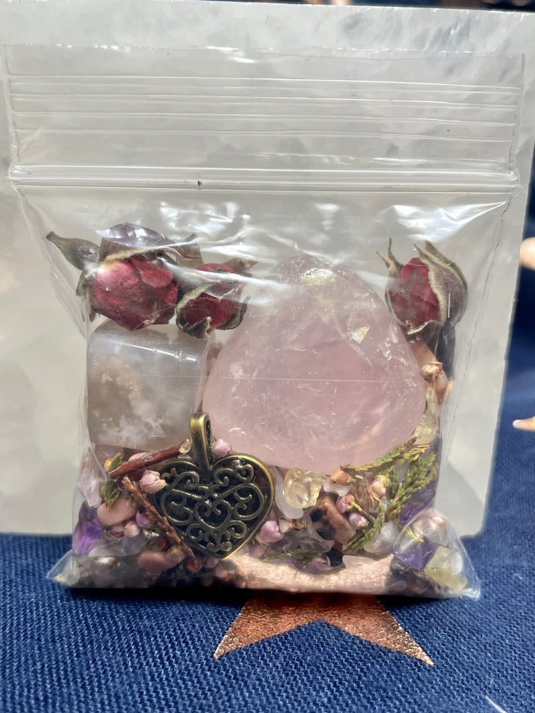 Love/Self-Love Intention Pouch | Manifestations | Pagan | Witchcraft | Wiccan | Crystals | Chips | Herbs | Rose Quartz | Amethyst