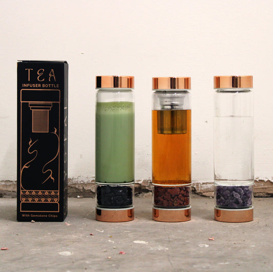 Crystal Glass Tea Infuser Bottle - Rose Gold | Amethyst | Rose Quartz | Quartz | Red Jasper | Onyx | Witchcraft | Wiccan | Pagan | Gift