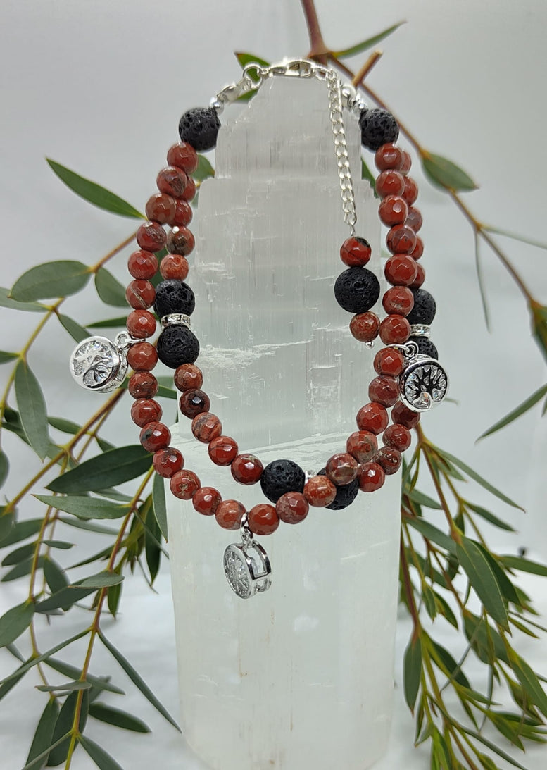 Unique Tree of Life Rhodonite & Red Jasper double chain Bracelet | Gift | Witchcraft | Wiccan | Pagan | Gemstone | Jewellery | Natural