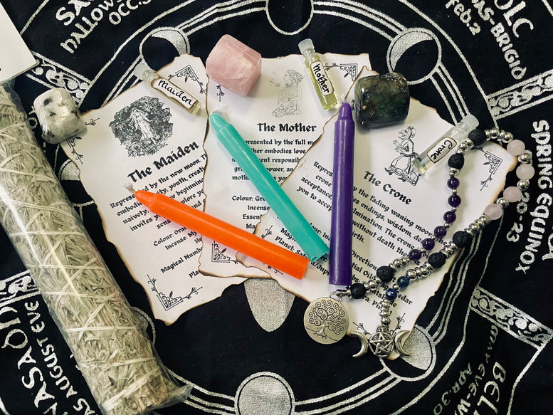 Maiden, Mother, Crone Witches Gift Set | Triple Moon Goddess | Spell Kit | Deity | Worship | Spell Candles | Spell Oils | Smudge | Incense