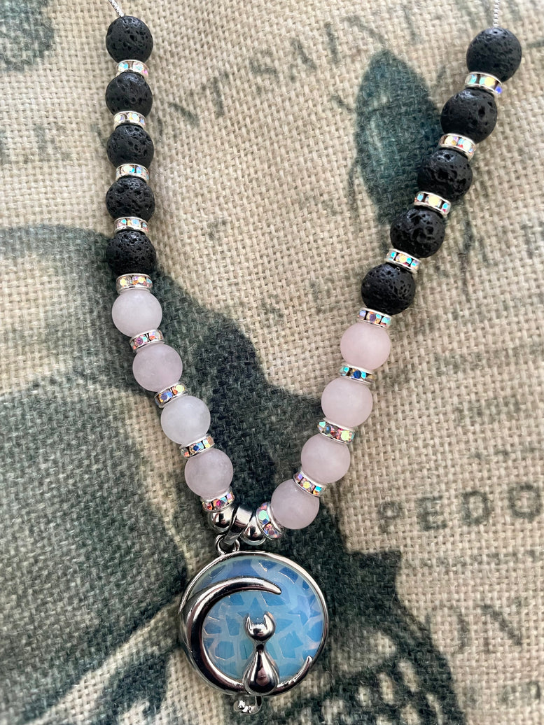 Opalite Cat and Moon pendant crystal necklace | Rose Quartz | Opalite | Necklace | Jewellery | Witchy | Wicca | Pagan | Costume Jewellery