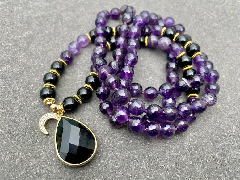 Awakening Moon Goddess Amethyst and Onyx Necklace 108 Mala Beads | Prayer Beads | Meditation | Worry Beads | Rosaries | Crystal | Wicca