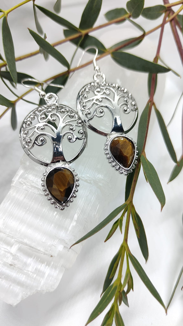 Natural Amethyst and Tigers Eye Tree of Life Teardrop Dangle Earrings | Witchcraft | Wiccan | Pagan | Jewellery | Gift | Boho | Jewelry