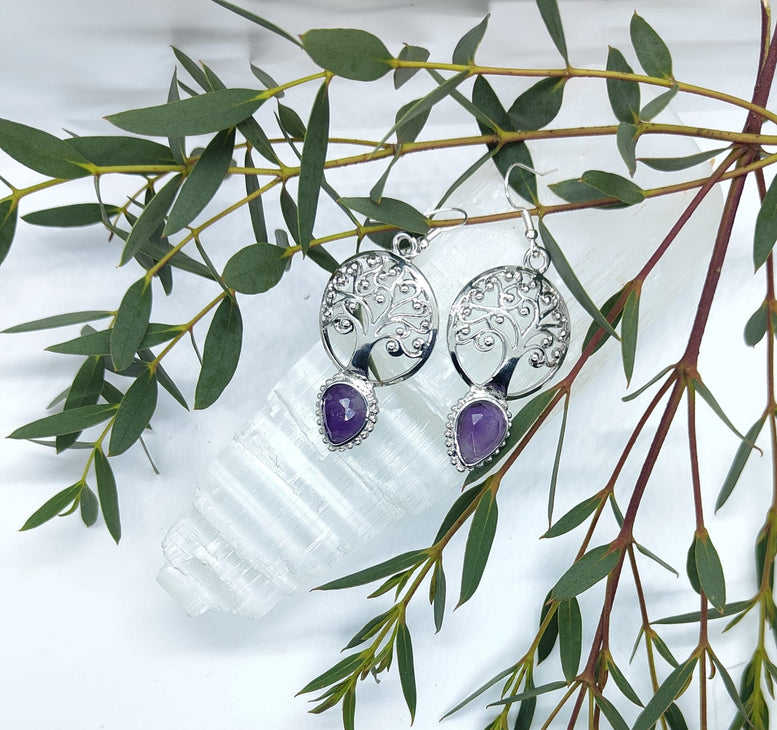 Natural Amethyst and Tigers Eye Tree of Life Teardrop Dangle Earrings | Witchcraft | Wiccan | Pagan | Jewellery | Gift | Boho | Jewelry