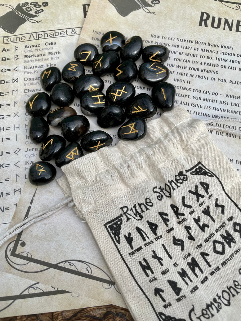 Natural Black Agate Runes Stones Set | Viking | Elder Futhark | Divination | Spiritual Healing | Crystals | Stones | Pagan | Witchcraft