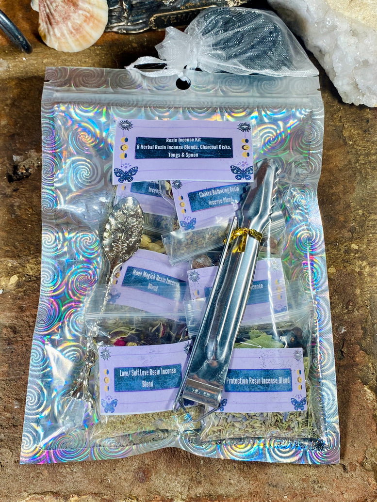 Hand Made Incense Blends Kit with Tongs & Spoon | Witchcraft | Wiccan | Pagan | Protection | Moon Spells | Ritual | Herbs | Resins