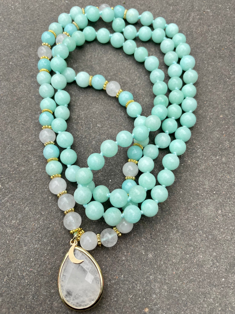 Lunar Resonance Moon Goddess Amazonite & Moonstone Necklace 108 Mala Beads | Prayer Beads | Meditation | Worry Beads | Rosaries | Crystal