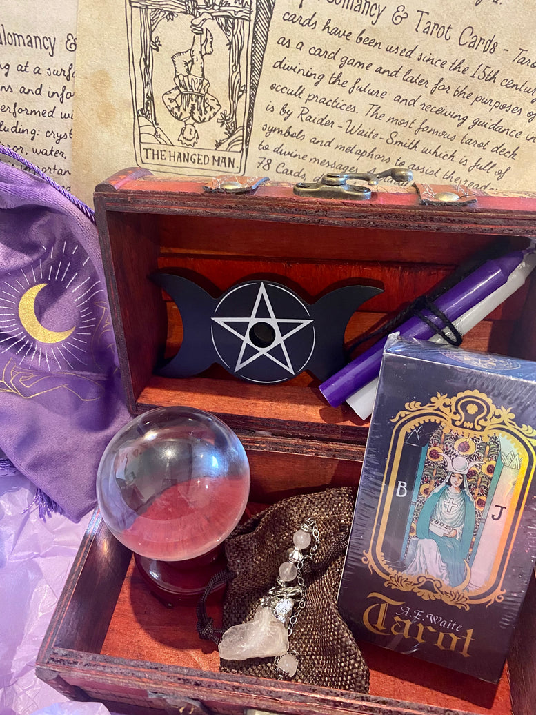 Starter/Beginners Divination Chest Gift Set | Tarot Cards | Crystal Ball | Pendulum | Spell Candles | Wicca | Pagan | Witchcraft