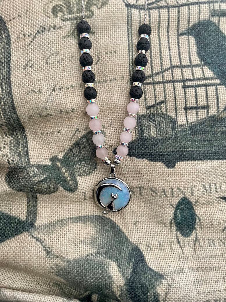 Opalite Cat and Moon pendant crystal necklace | Rose Quartz | Opalite | Necklace | Jewellery | Witchy | Wicca | Pagan | Costume Jewellery