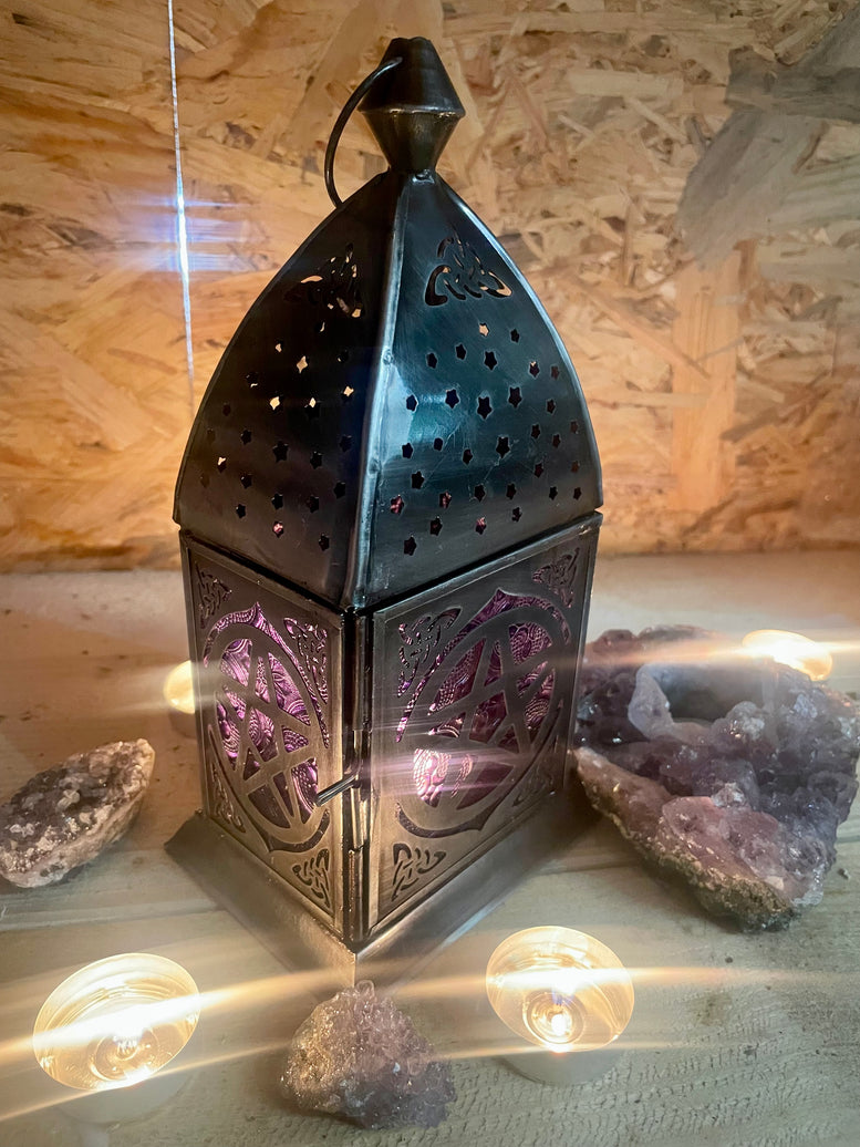 Pentagram Lantern Candle Holder | Zinc | Antique | Glass | Witchcraft | Wiccan | Pagan | Ritual | Candle | Candle Holder | Ornament | gift