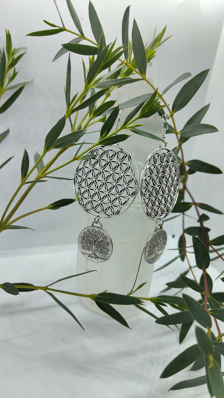 Large Flower of Life & Tree of Life Chandelier Earrings | Wiccan | Pagan | Spirituality | Jewellery | Gift | Boho | Witchy | Dangle | Charms