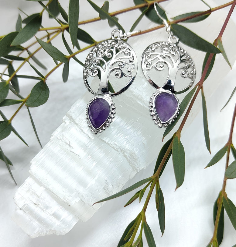 Natural Amethyst and Tigers Eye Tree of Life Teardrop Dangle Earrings | Witchcraft | Wiccan | Pagan | Jewellery | Gift | Boho | Jewelry