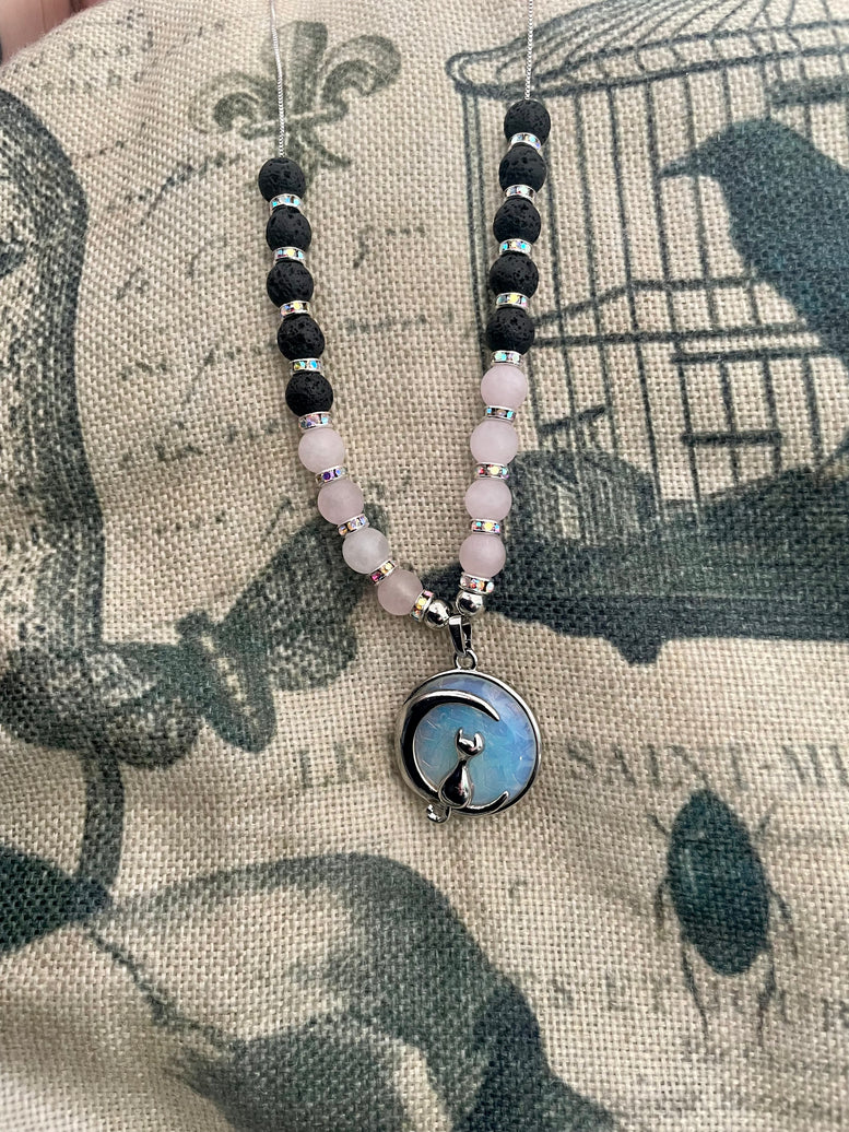 Opalite Cat and Moon pendant crystal necklace | Rose Quartz | Opalite | Necklace | Jewellery | Witchy | Wicca | Pagan | Costume Jewellery