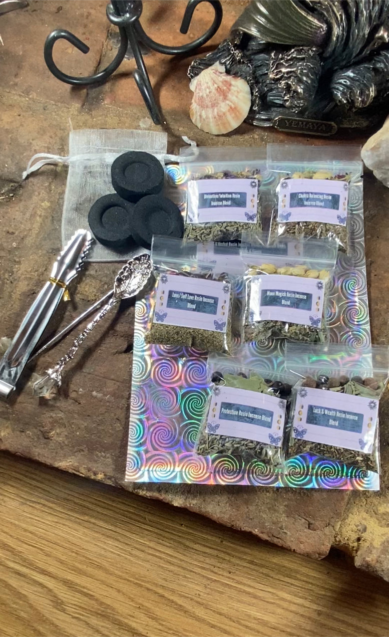 Hand Made Incense Blends Kit with Tongs & Spoon | Witchcraft | Wiccan | Pagan | Protection | Moon Spells | Ritual | Herbs | Resins