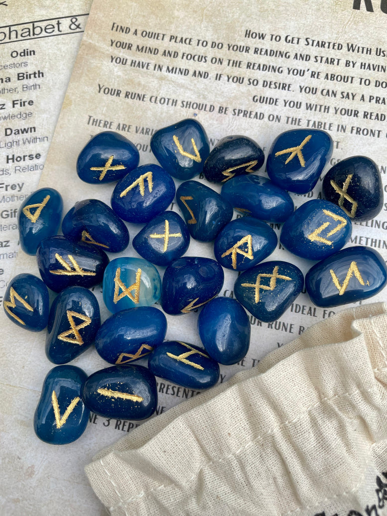 Natural Blue Onyx Runes Stones Set | Viking | Elder Futhark | Divination | Spiritual Healing | Crystals | Stones | Pagan | Witchcraft