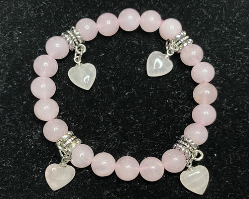 Rose Quartz Bead Bracelet with Hearts
