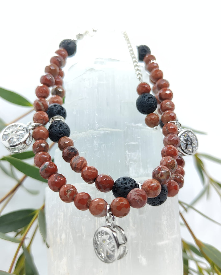 Unique Tree of Life Rhodonite & Red Jasper double chain Bracelet | Gift | Witchcraft | Wiccan | Pagan | Gemstone | Jewellery | Natural