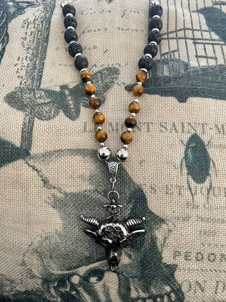 Unique Horned God Crystal Necklace | Tigers Eye | Lava Beads | Charms | Jewellery | Witchcraft | Wiccan | Pagan | Baphomet | Occult | Gift