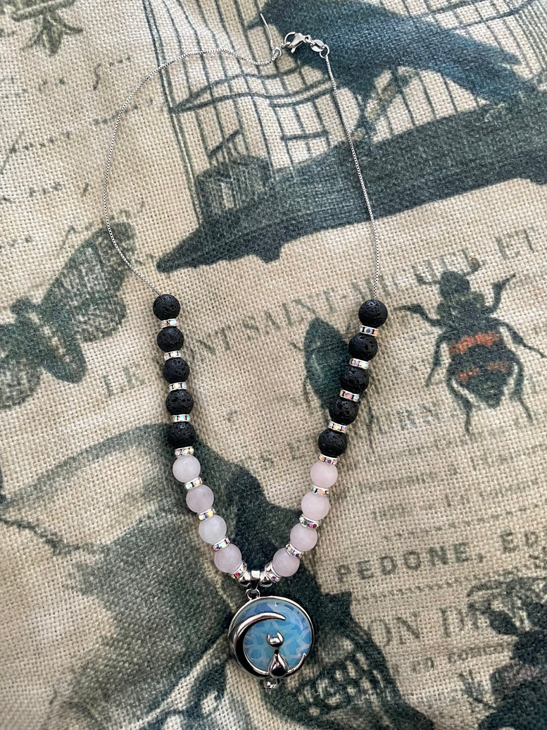 Opalite Cat and Moon pendant crystal necklace | Rose Quartz | Opalite | Necklace | Jewellery | Witchy | Wicca | Pagan | Costume Jewellery