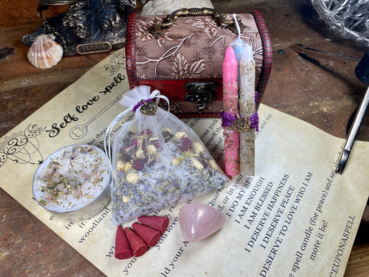 Self love spell kit | Spell chest | Spell | Witchcraft | Wiccan | Pagan | Incense | Candles | Scroll | Herbs | Crystals