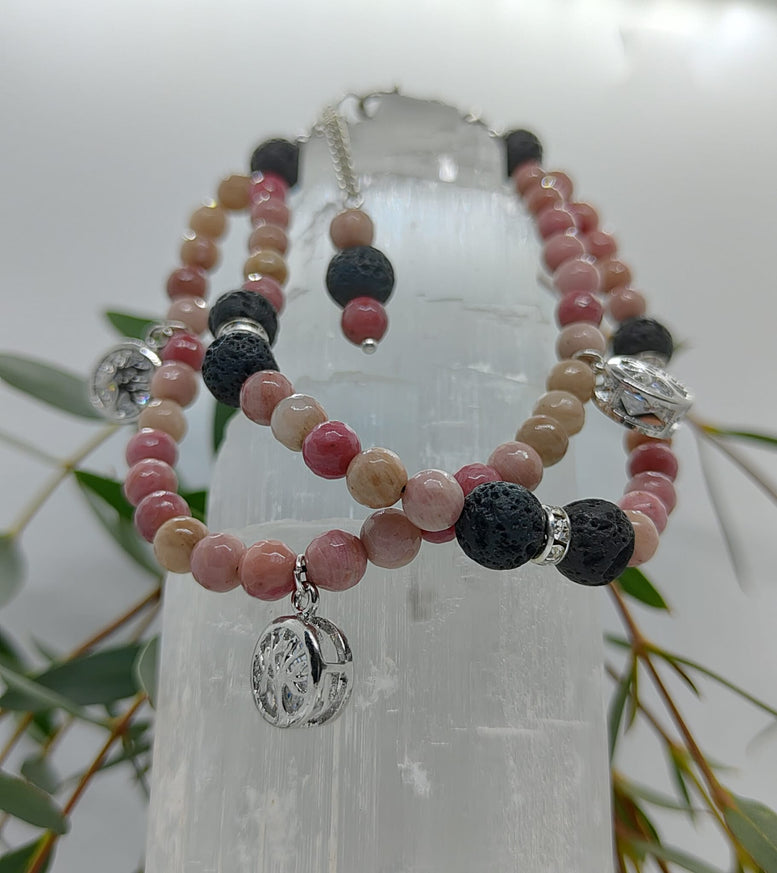 Unique Tree of Life Rhodonite & Red Jasper double chain Bracelet | Gift | Witchcraft | Wiccan | Pagan | Gemstone | Jewellery | Natural