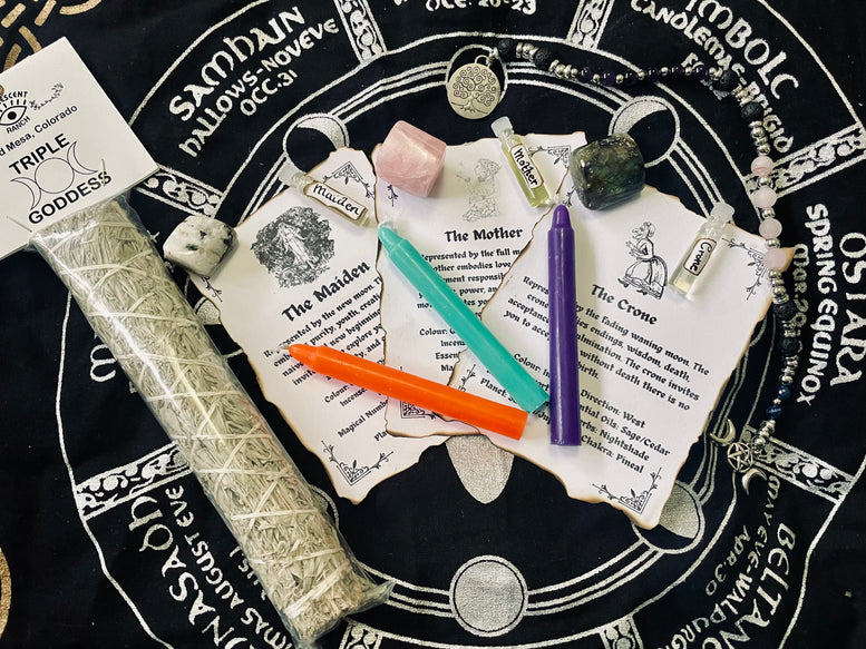 Maiden, Mother, Crone Witches Gift Set | Triple Moon Goddess | Spell Kit | Deity | Worship | Spell Candles | Spell Oils | Smudge | Incense